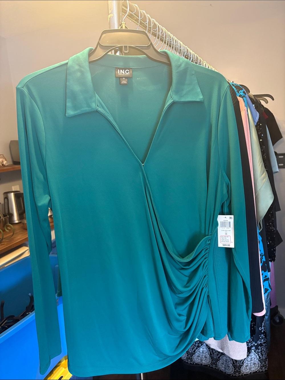 INC International Concepts Teal Green Draped Long-Sleeve Blouse